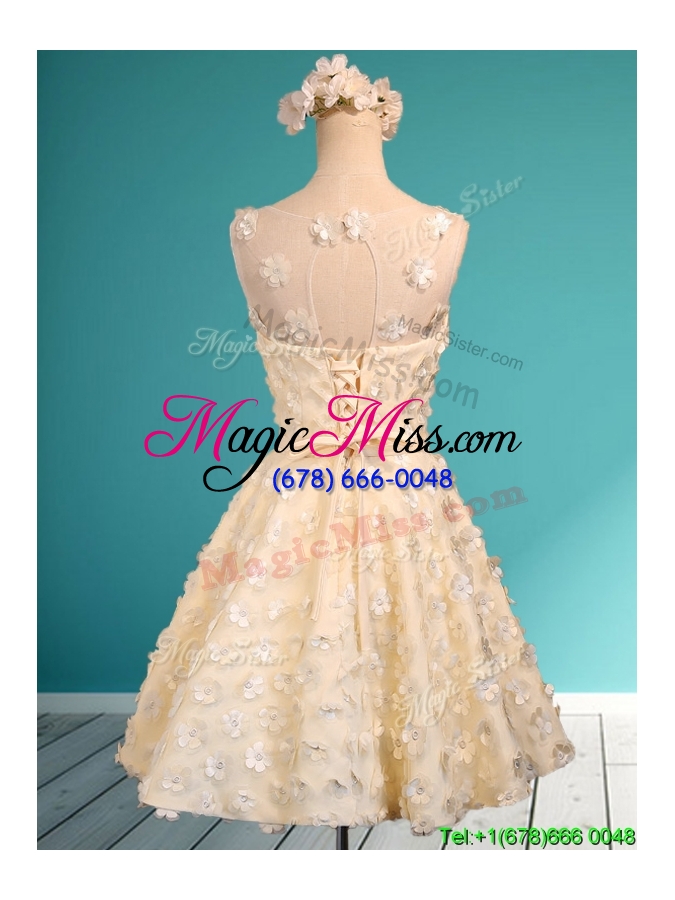 wholesale best scoop champagne short bridesmaid dress with appliques and belt