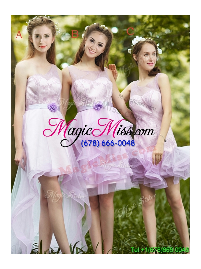 wholesale fashionable laced and ruffled short bridesmaid dress in lavender