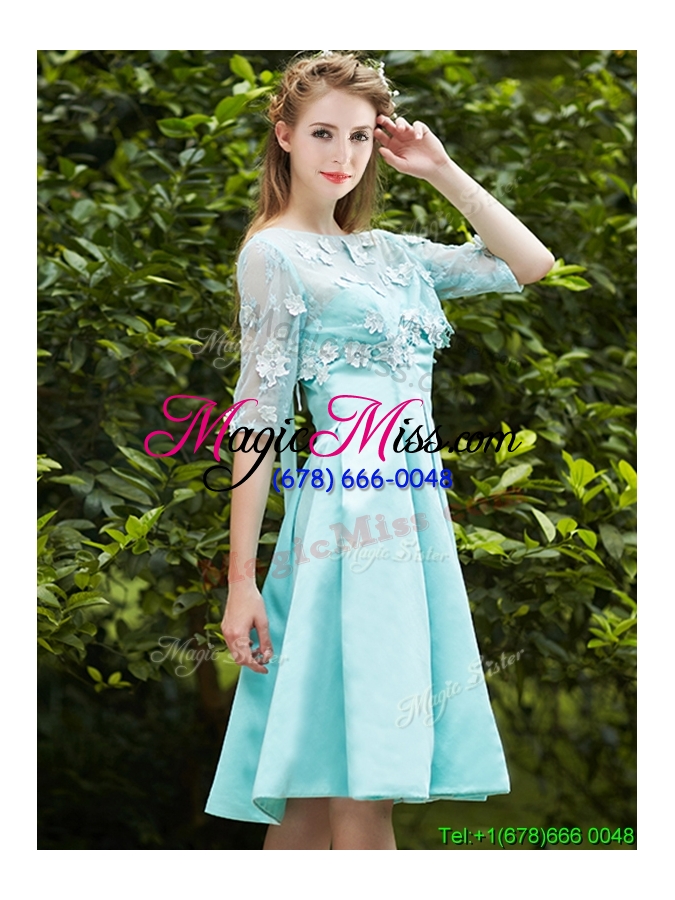 wholesale see through bateau half sleeves appliques bridesmaid dress in apple green