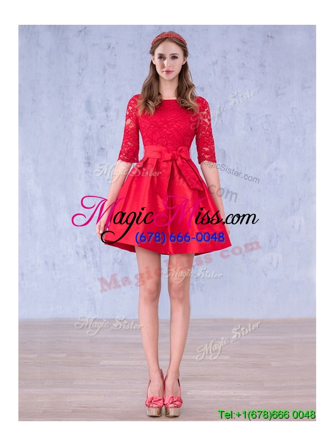 wholesale romantic bowknot and laced scoop half sleeves bridesmaid dress in red