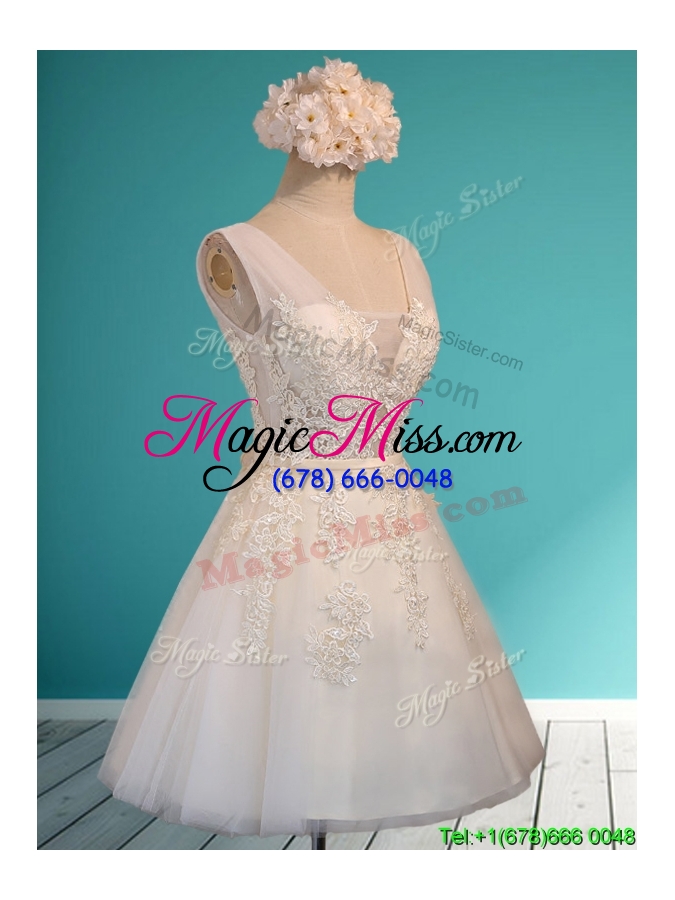 wholesale gorgeous white deep v neckline bridesmaid dress with appliques and belt
