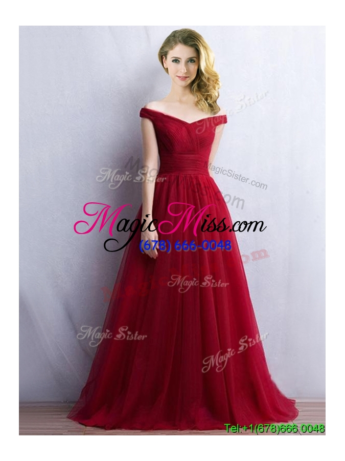 wholesale elegant off the shoulder cap sleeves bridesmaid dress in wine red