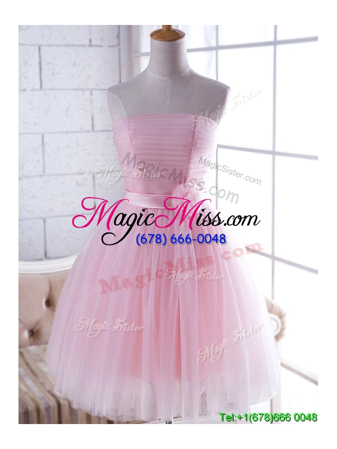 wholesale new arrivals strapless baby pink bridesmaid dress with handcrafted flower