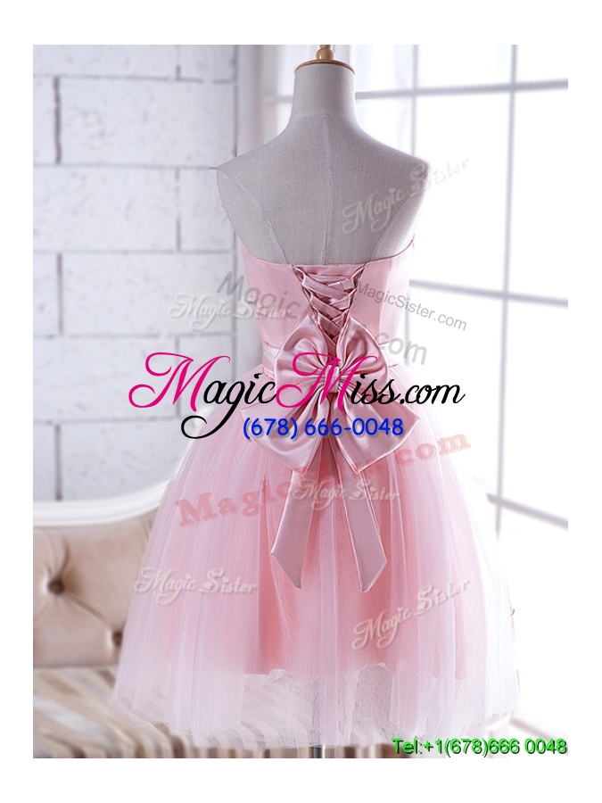 wholesale new arrivals strapless baby pink bridesmaid dress with handcrafted flower