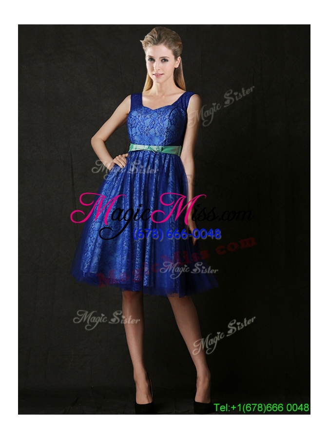 wholesale new arrivals belted and laced blue bridesmaid dress in knee length