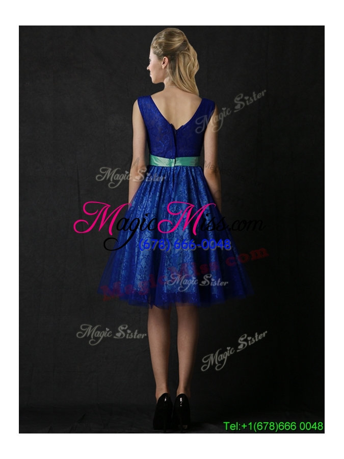 wholesale new arrivals belted and laced blue bridesmaid dress in knee length