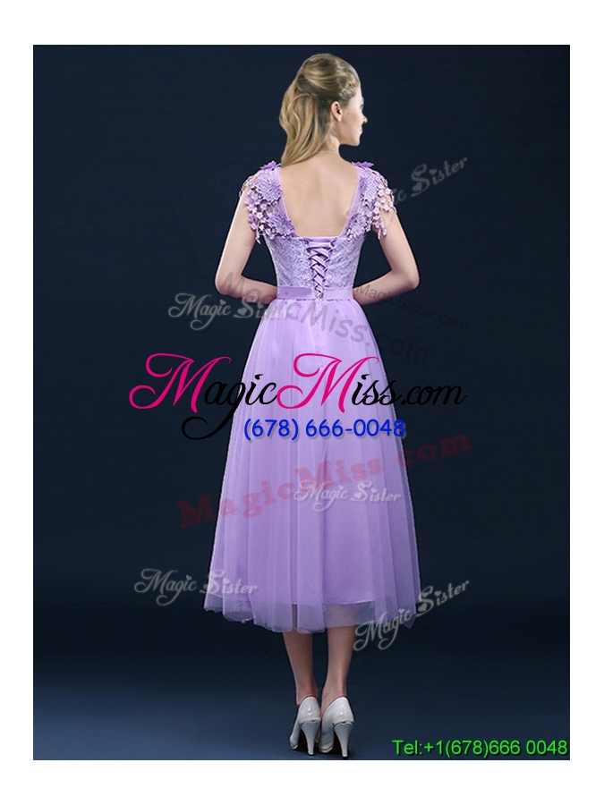 wholesale new style cap sleeves lavender bridesmaid dress with lace and appliques