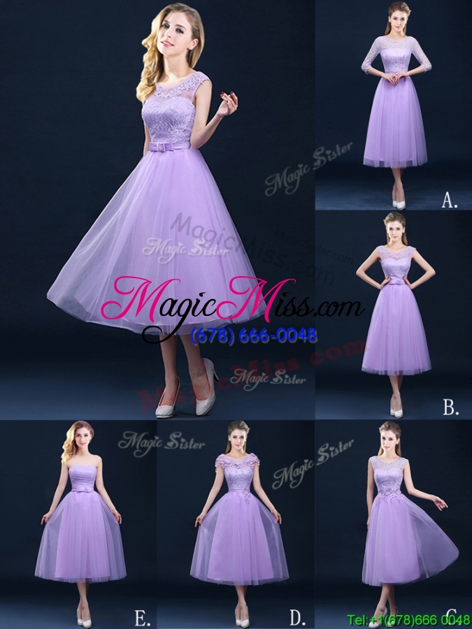wholesale new style cap sleeves lavender bridesmaid dress with lace and appliques