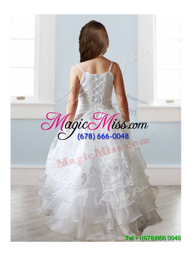wholesale luxurious white spaghetti straps little girl pageant dress with appliques and ruffled layers