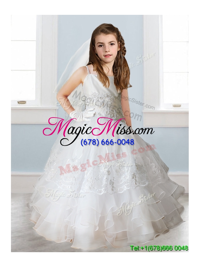 wholesale luxurious white spaghetti straps little girl pageant dress with appliques and ruffled layers