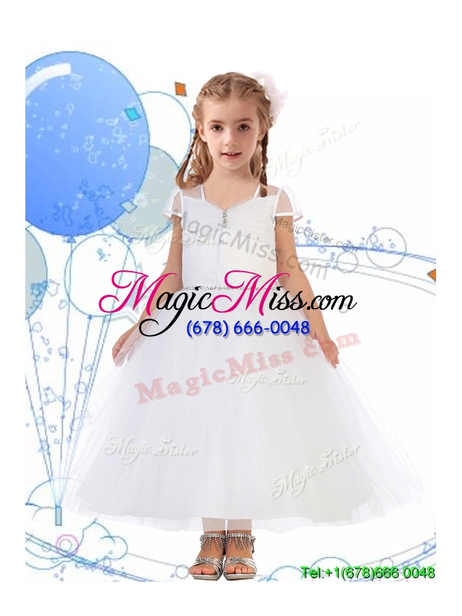wholesale see through square cap sleeves little girl pageant dress with beading