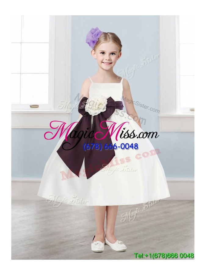 wholesale pretty spaghetti straps hand made flowers and sashes flower girl dress in white
