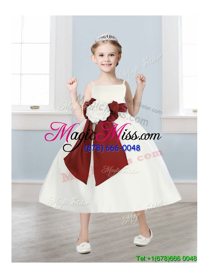 wholesale pretty spaghetti straps hand made flowers and sashes flower girl dress in white