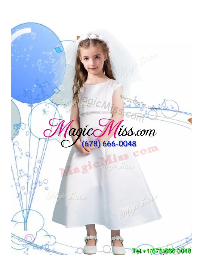 wholesale modest scoop cap sleeves satin flower girl dress with sashes