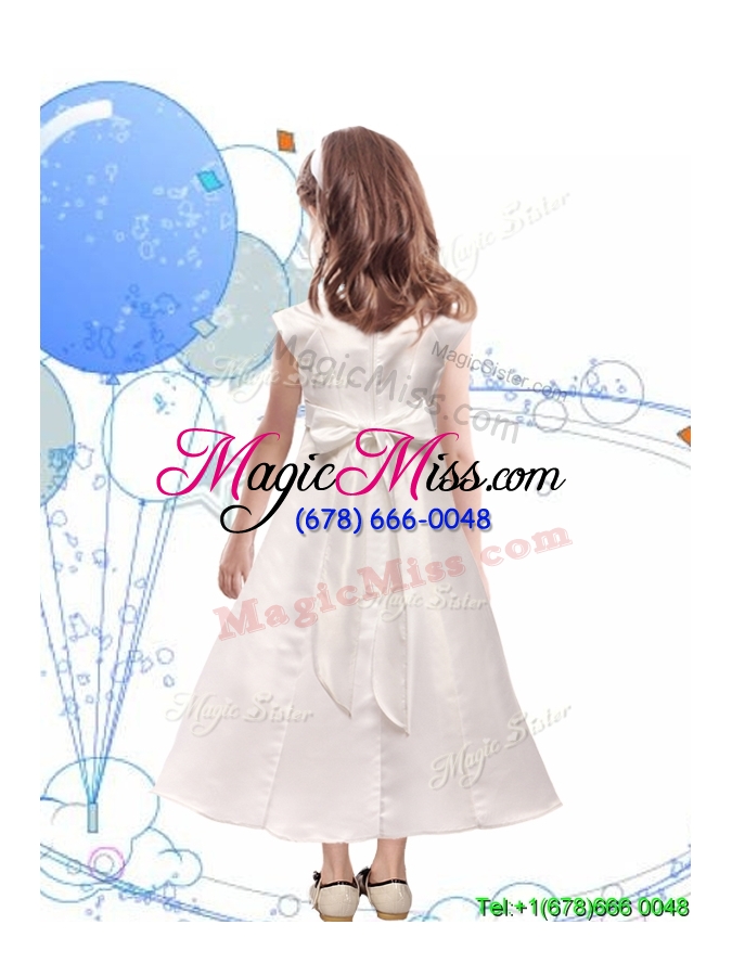wholesale modest scoop cap sleeves satin flower girl dress with sashes