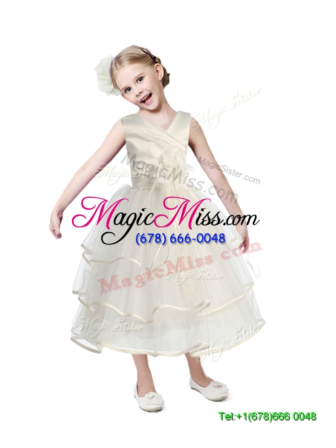 wholesale fashionable v neck flower girl dress with hand made flowers and ruffled layers
