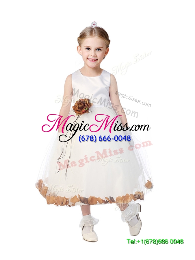 wholesale romantic scoop flower girl dress with hand made flowers and appliques