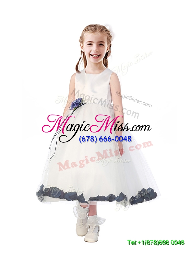 wholesale romantic scoop flower girl dress with hand made flowers and appliques