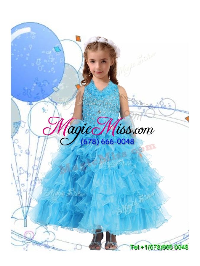 wholesale affordable halter top mini quinceanera dress with beading and ruffled layers