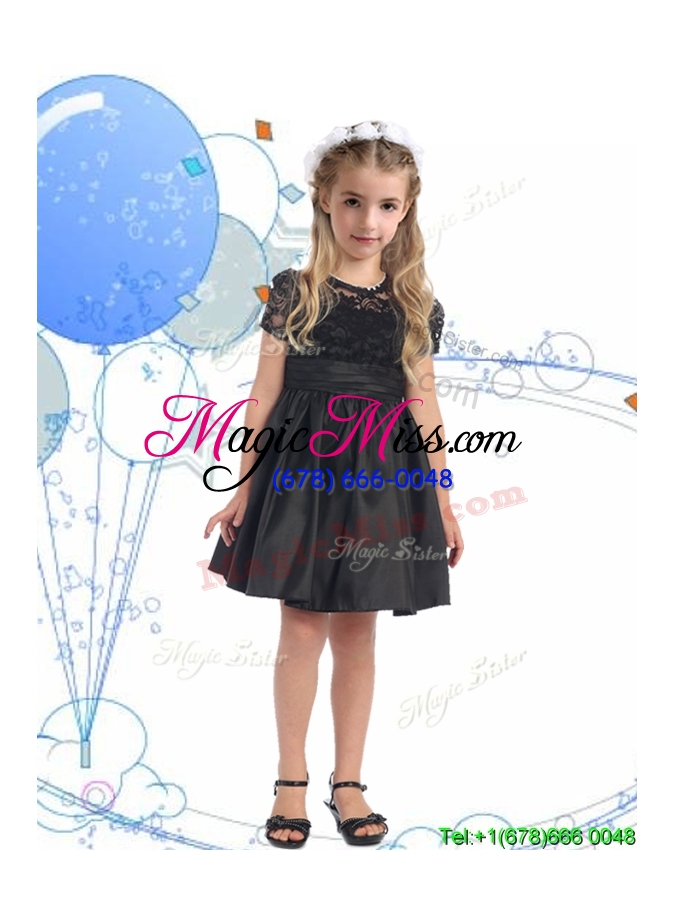 wholesale see through scoop short sleeves lace and belt mini quinceanera dress in black