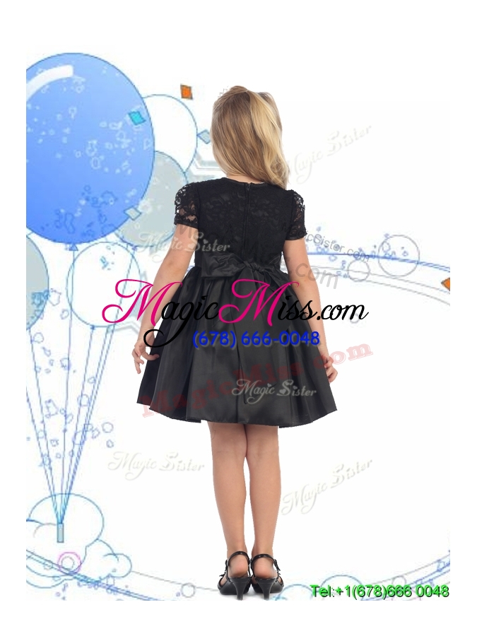 wholesale see through scoop short sleeves lace and belt mini quinceanera dress in black