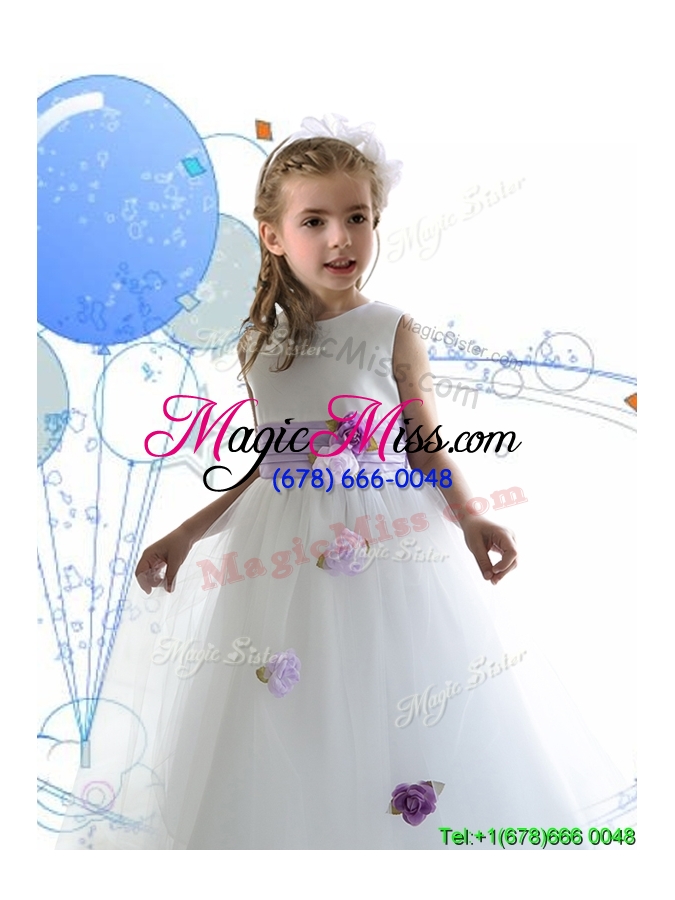 wholesale luxurious scoop white flower girl dress with sashes and hand made flowers