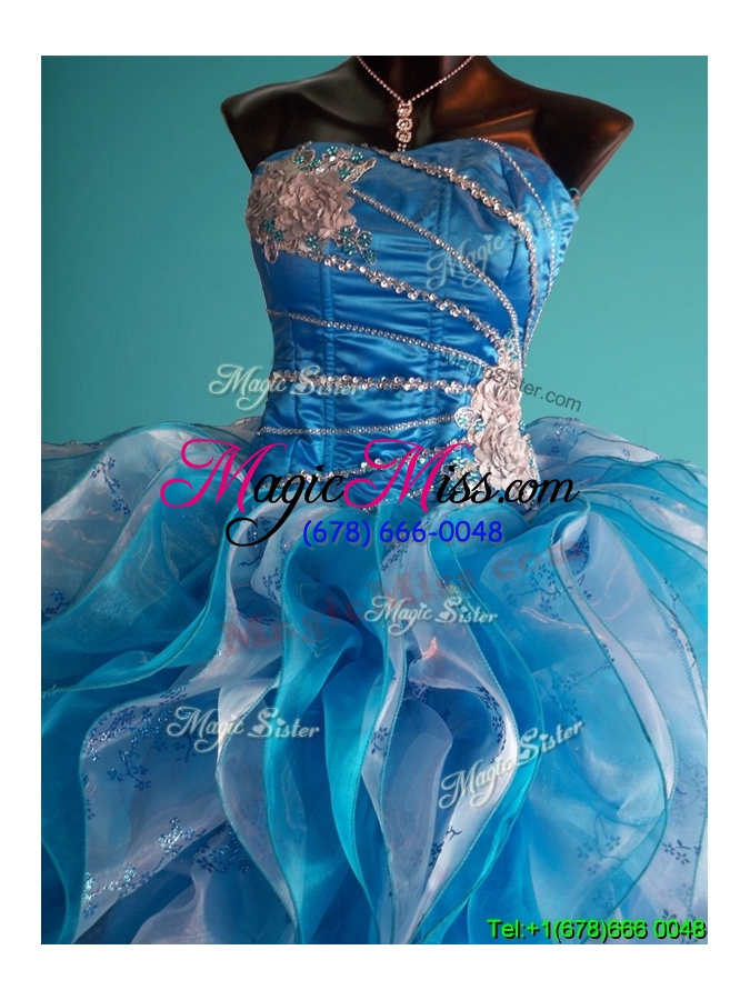 wholesale discount beaded and ruffled big puffy sweet 16 dress in white and blue