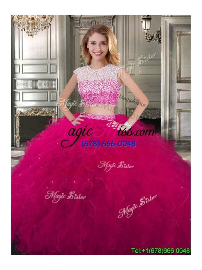wholesale two piece scoop cap sleeves quinceanera dress with beading and ruffles