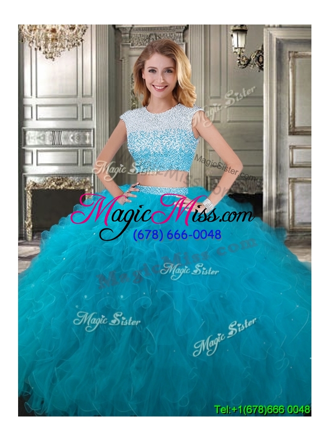 wholesale two piece scoop cap sleeves quinceanera dress with beading and ruffles