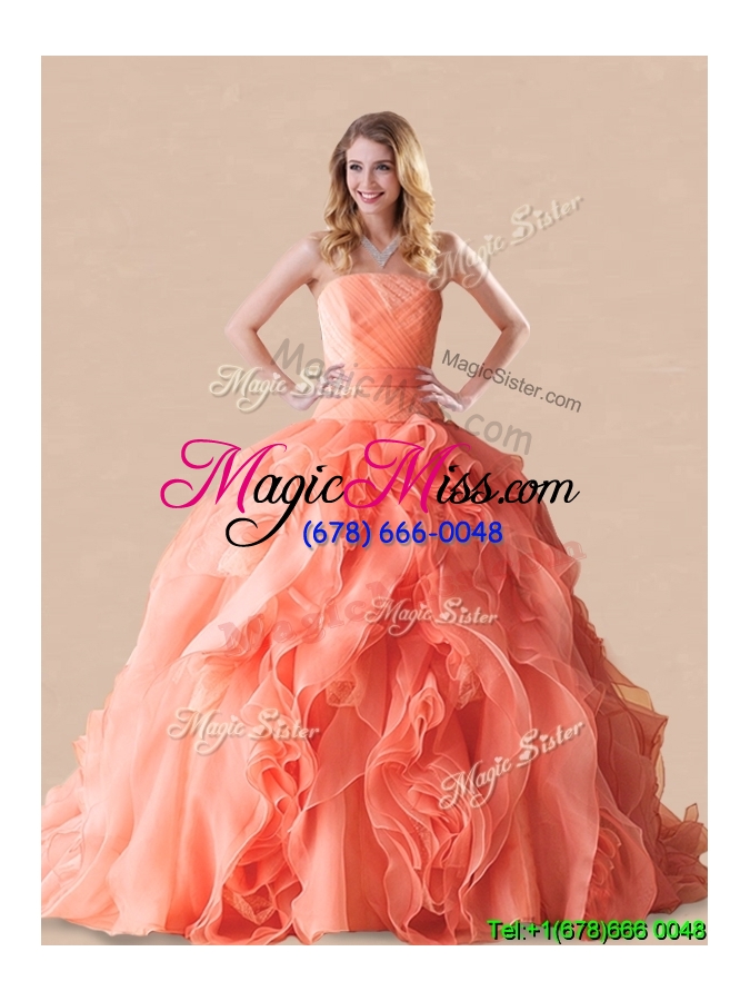 wholesale exclusive rolling flowers orange red quinceanera dress with brush train