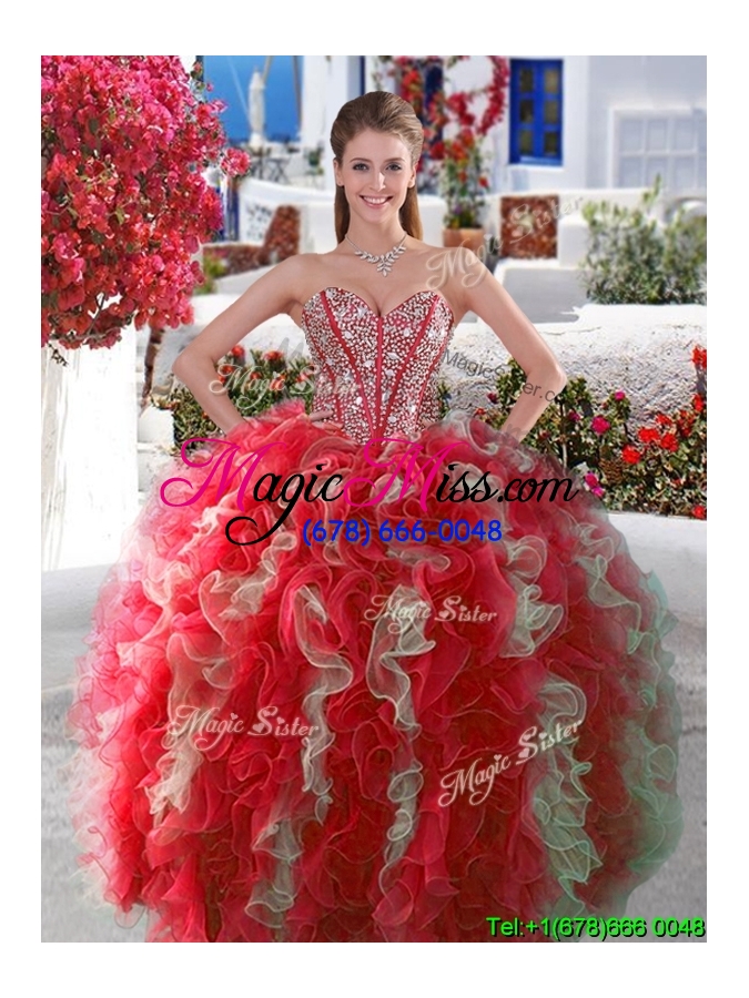 wholesale visible boning beaded and ruffled quinceanera gown in red and white
