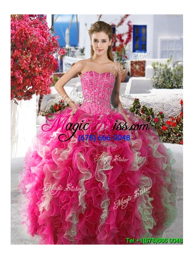 wholesale romantic rose pink and white organza quinceanera dress with beading and ruffles