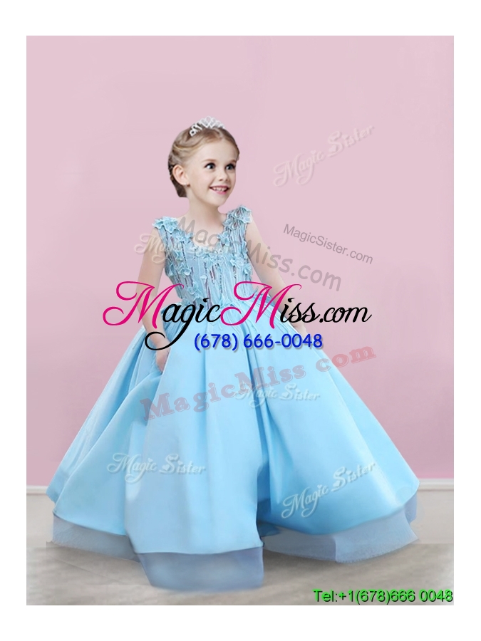 wholesale 2016 sexy deep v neckline applique prom dress in baby blue and new style v neck little girl dress in satin