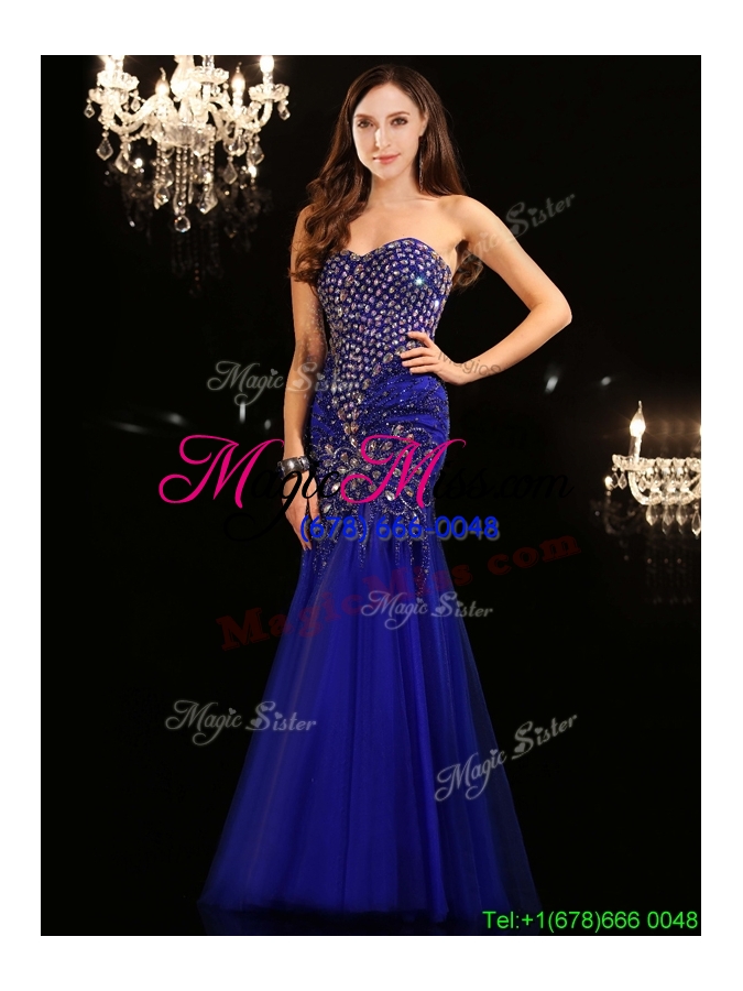wholesale gorgeous mermaid royal blue tulle prom dress with beading