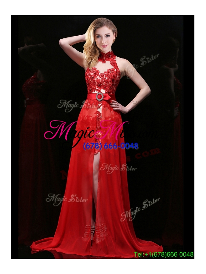 wholesale classical halter top detachable prom dress with lace and sashes