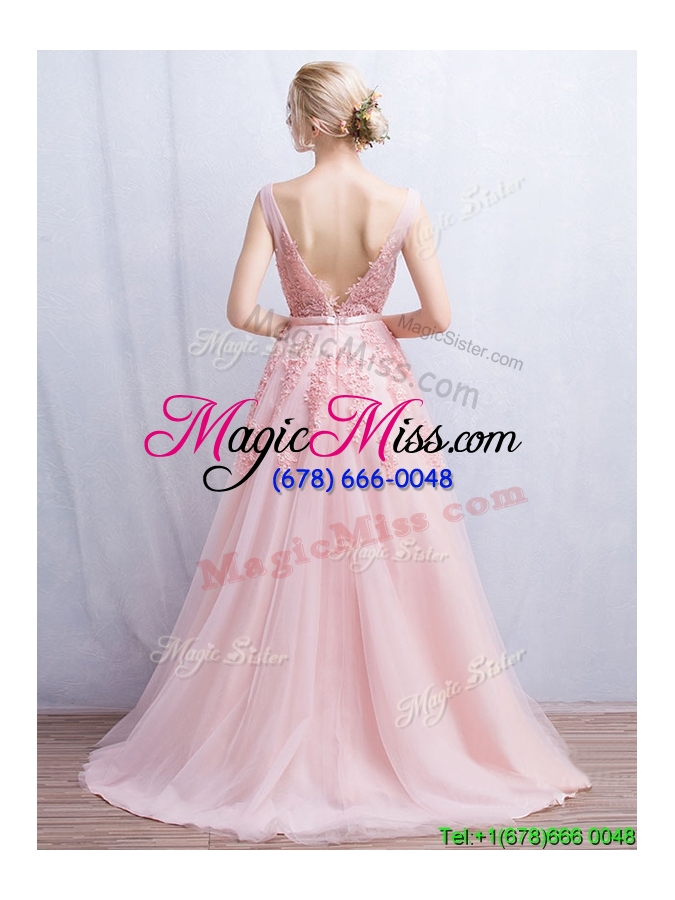 wholesale lovely v neck applique and belted tulle prom dress in baby pink