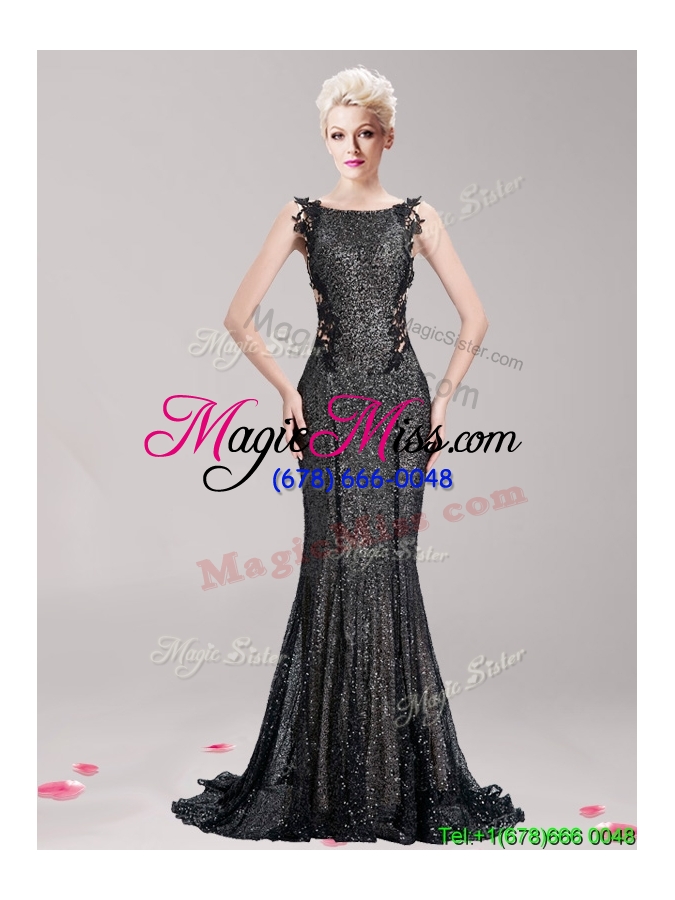 wholesale discount square sequined and applique prom dress with brush train