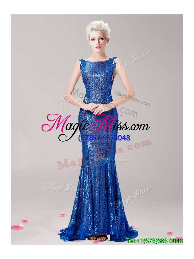 wholesale discount square sequined and applique prom dress with brush train