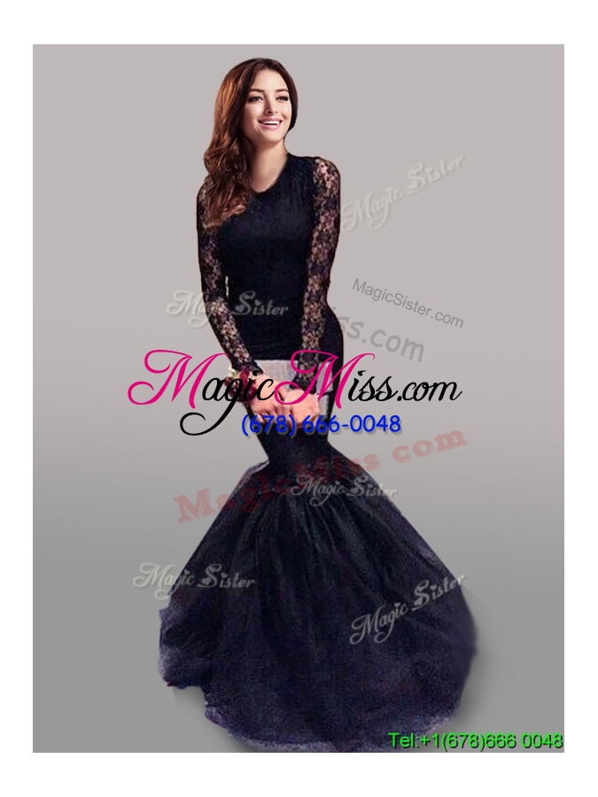 wholesale see through scoop long sleeves mermaid prom dress with lace