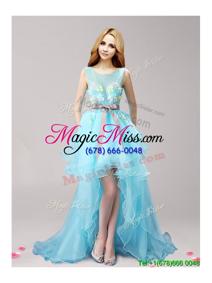 wholesale see through scoop high low prom dress with appliques and bowknot