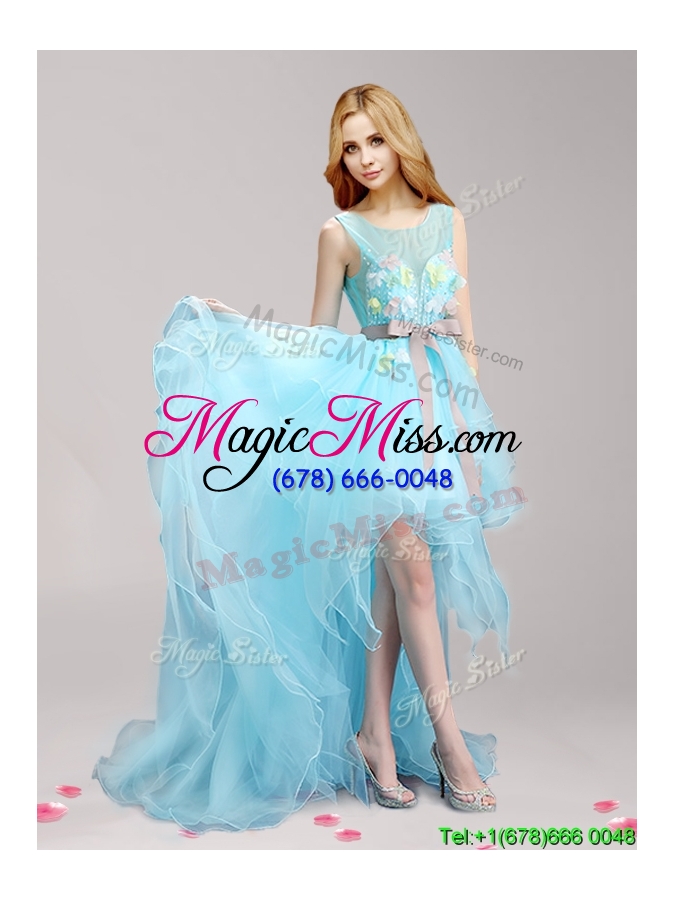 wholesale see through scoop high low prom dress with appliques and bowknot