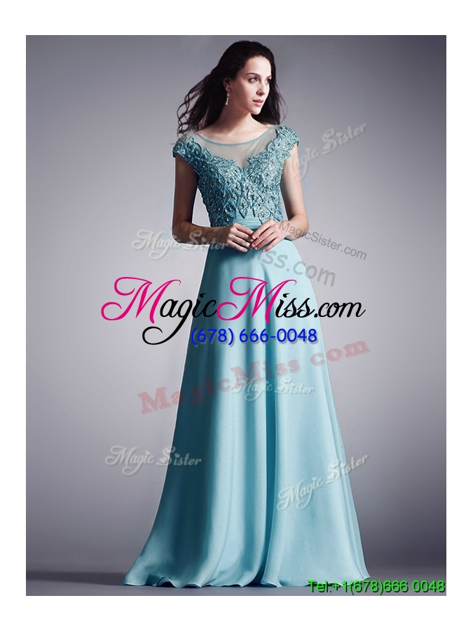 wholesale luxurious scoop cap sleeves light blue prom dress with appliques
