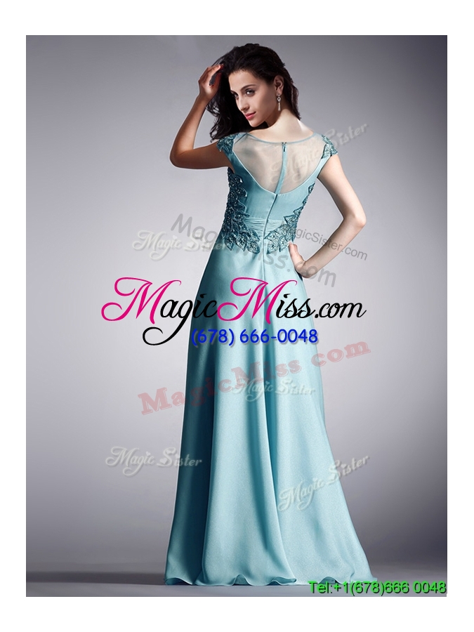 wholesale luxurious scoop cap sleeves light blue prom dress with appliques
