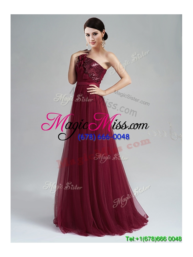 wholesale perfect one shoulder sequined and belted prom dress with brush train