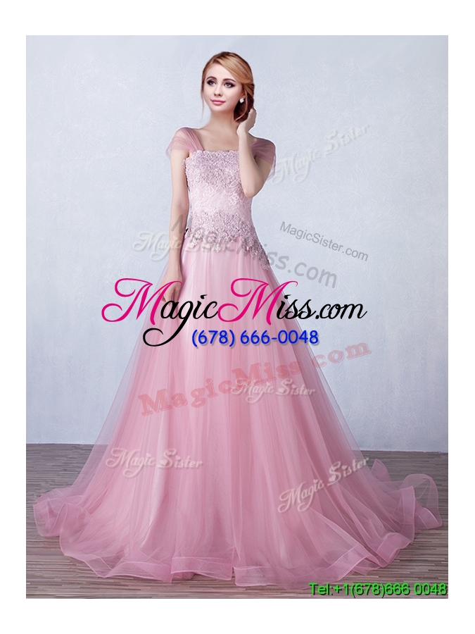 wholesale discount strapless applique tulle prom dress with brush train