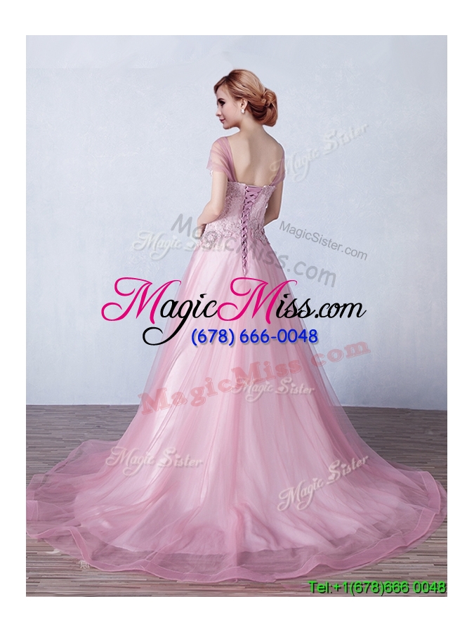 wholesale discount strapless applique tulle prom dress with brush train