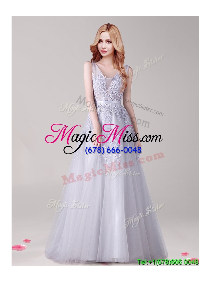 wholesale exquisite v neck tulle silver prom dress with appliques and belt