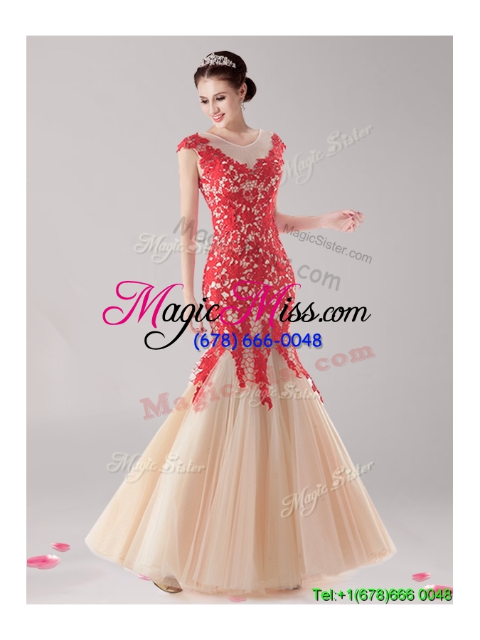 wholesale see through scoop cap sleeves mermaid prom dress with lace