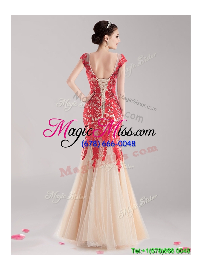 wholesale see through scoop cap sleeves mermaid prom dress with lace