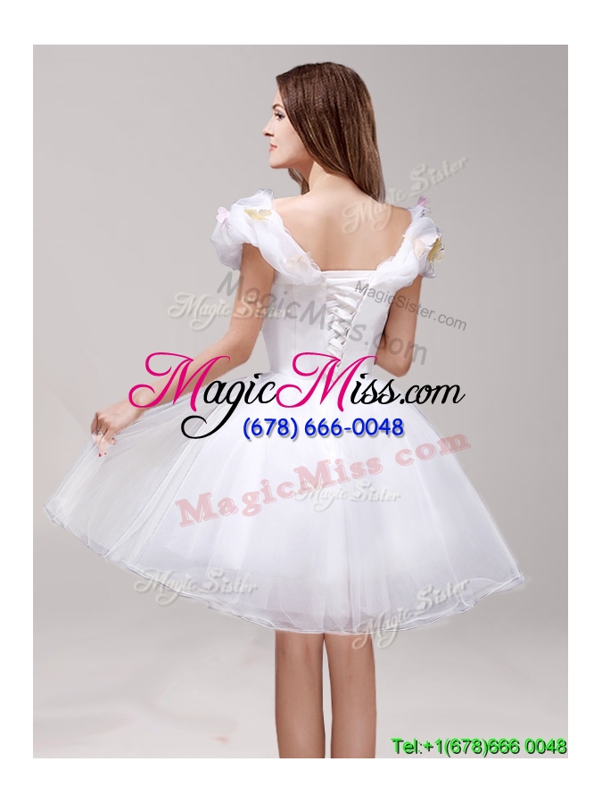 wholesale lovely off the shoulder cap sleeves prom dress with appliques and ruffles